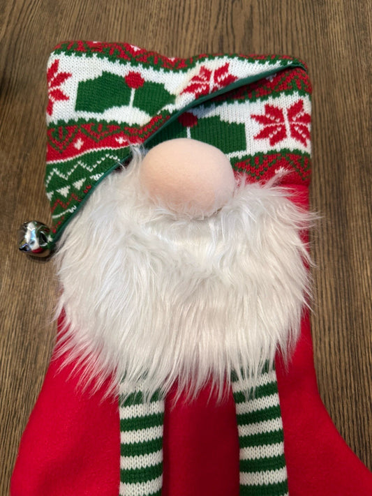 3D Gnome Christmas Stocking Long Dangling Legs Bell Accent and Beard Full Size