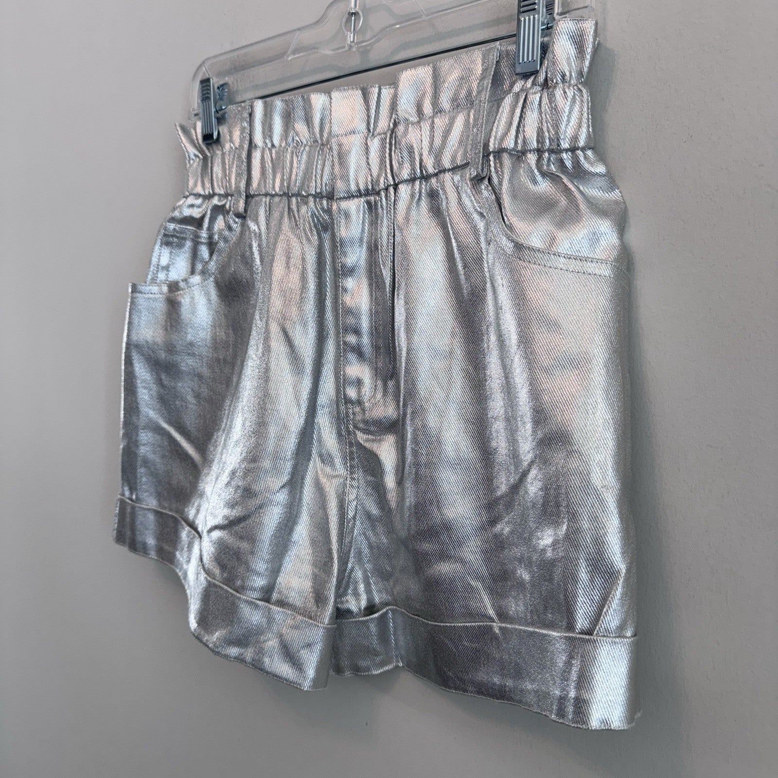 Silver Metallic Paperbag Shorts Women’s Medium Shiny Festival Y2K Trend