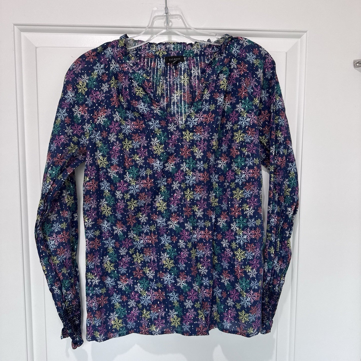 Talbots Snowflake Print Blouse XS Metallic Long Sleeve Navy Holiday Top Women