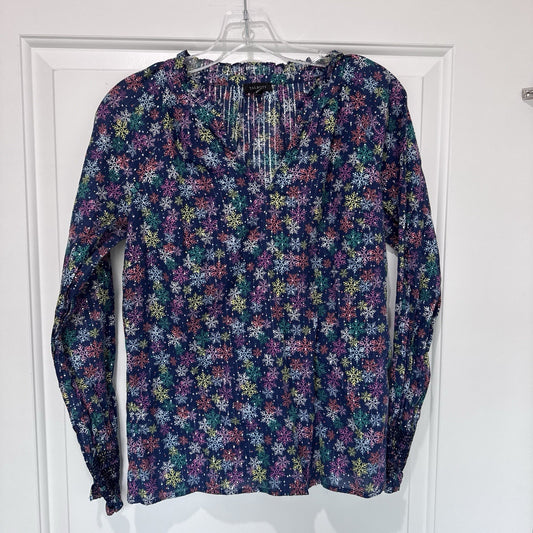 Talbots Snowflake Print Blouse XS Metallic Long Sleeve Navy Holiday Top Women