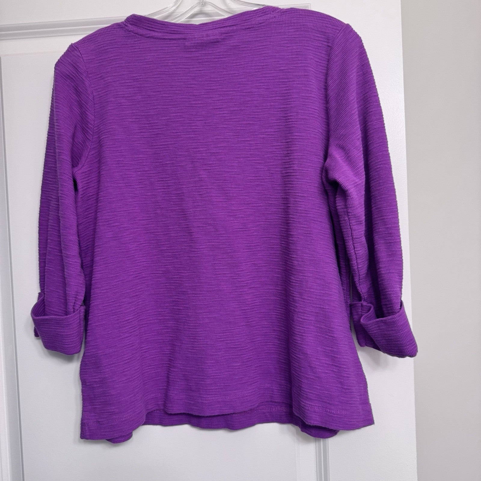 J. Jill Purple Button Front Cotton Knit Top M Petite 3/4 Sleeve Textured