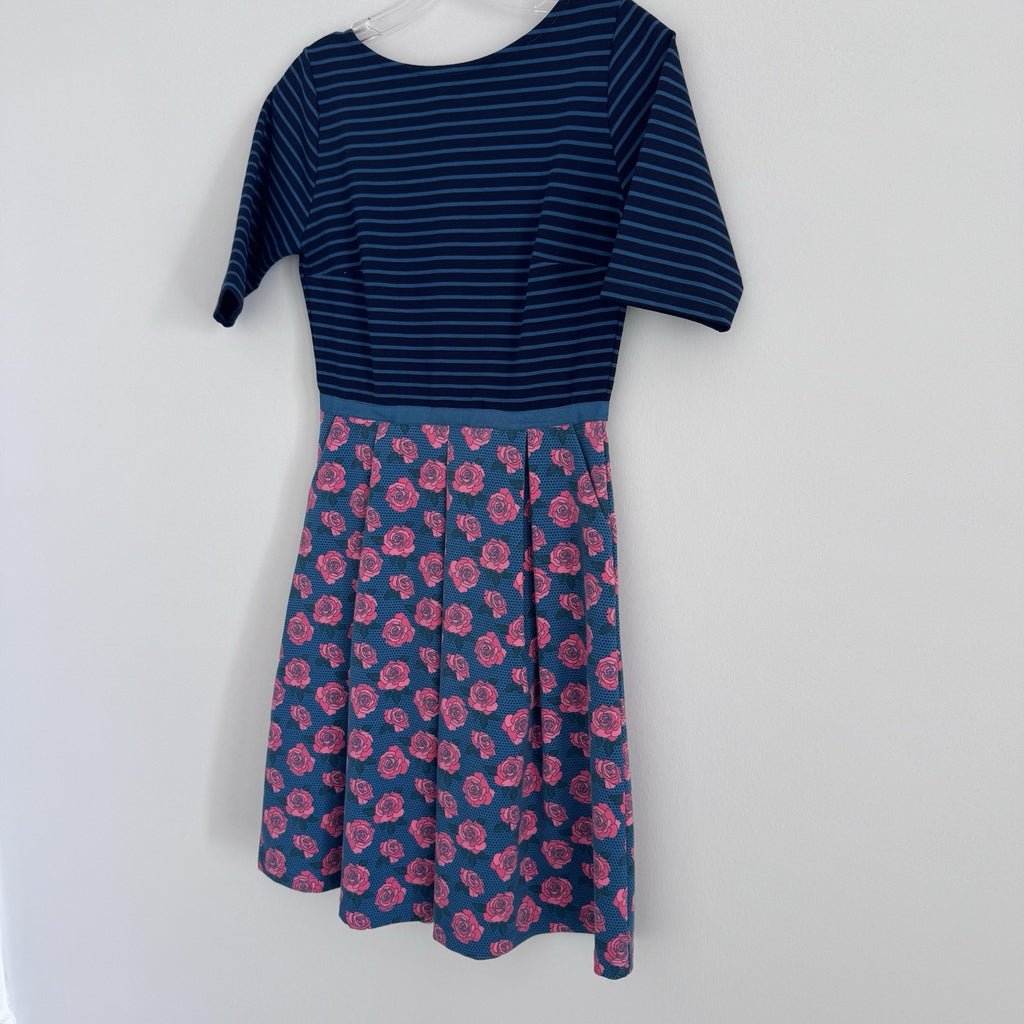 Matilda Jane Small Dress Blue Pink Floral Striped Modest Fit & Flare Pockets