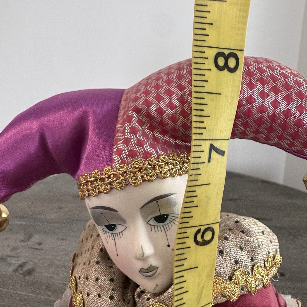 Set of 2 Vintage Porcelain Jester Dolls 16" & 8" Harlequin Musical Jack in Box
