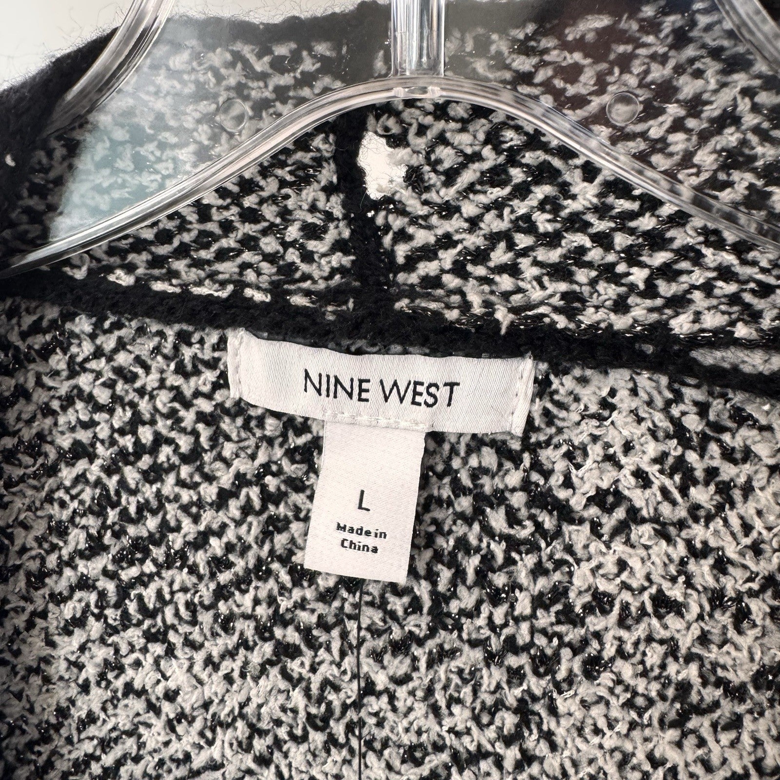 NWT Nine West Women's Large Black White Plaid Cardigan Metallic Knit AS-IS