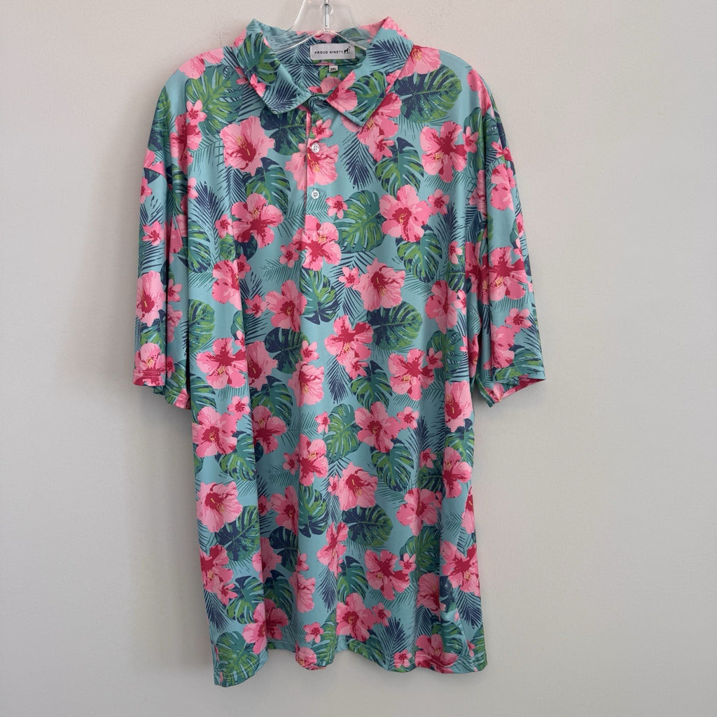 Proud Ninety Floral Golf Polo Shirt Men's Size 3XL Tropical Hibiscus Teal