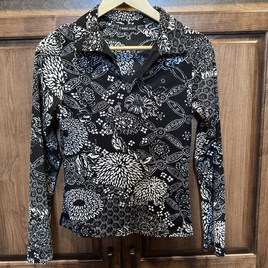 Vintage Wet Seal Black White Floral Y2K Collared Stretch Top Size L VTG Rare