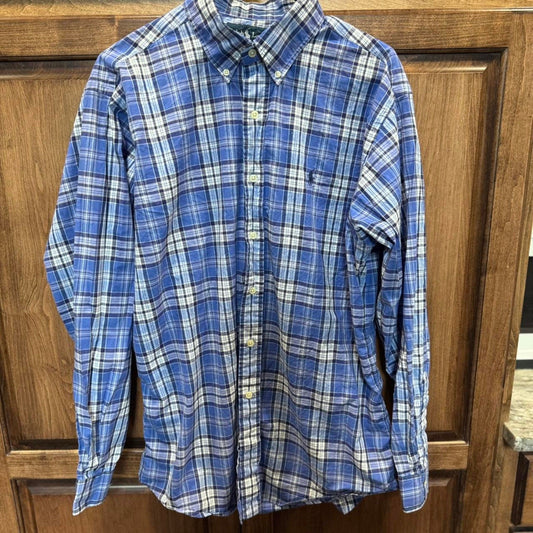 Blue and white plaid Ralph Lauren button-up shirt custom fit size Large