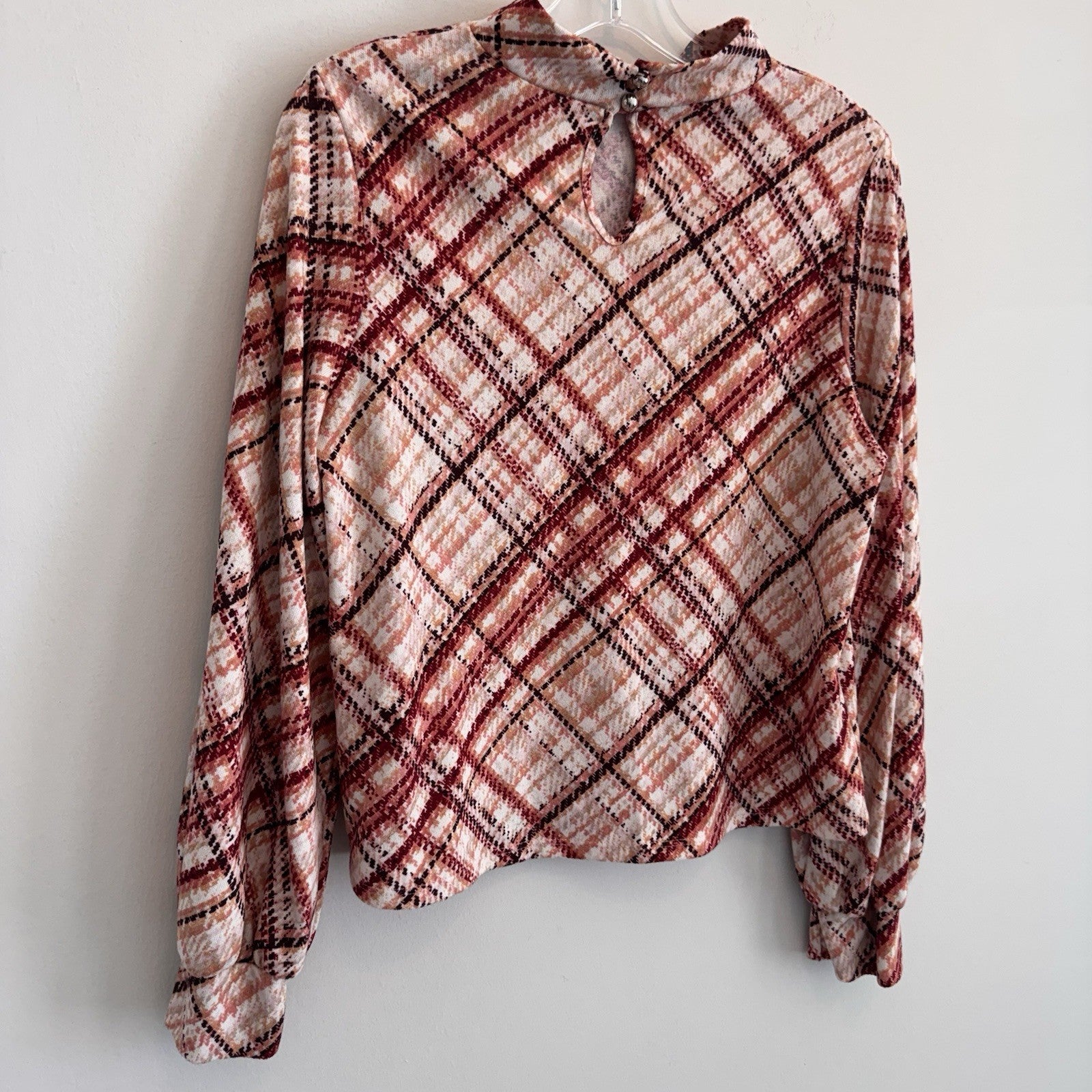 PerSeption Concept Womens L Rust Plaid Mock Neck Balloon Sleeve Blouse Stretch