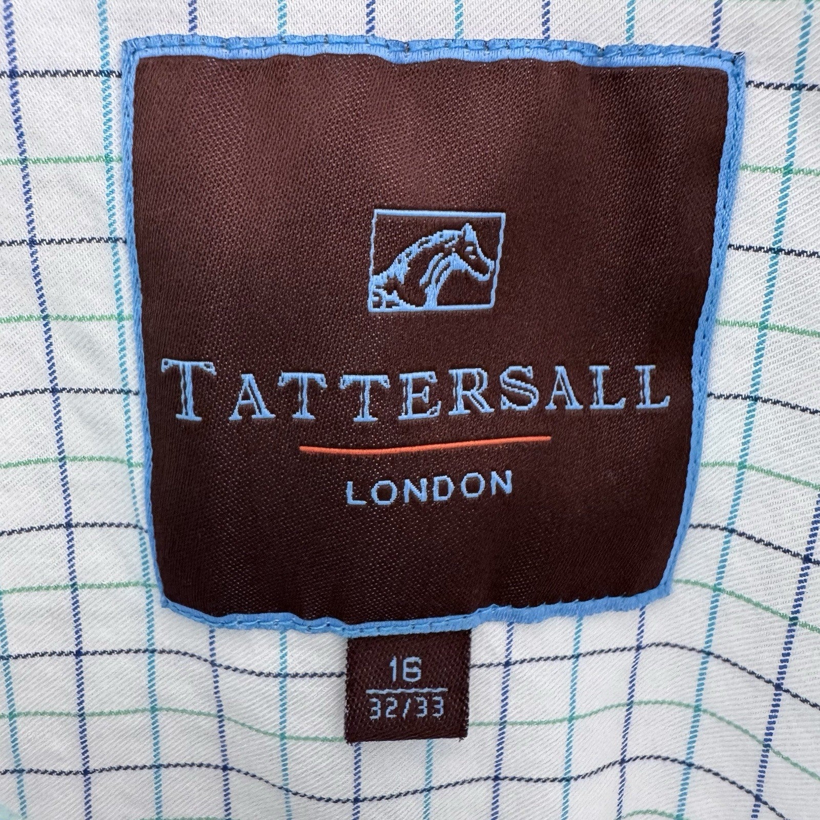 Tattersall London 16 32/33 Check Dress Shirt Blue Green Cotton