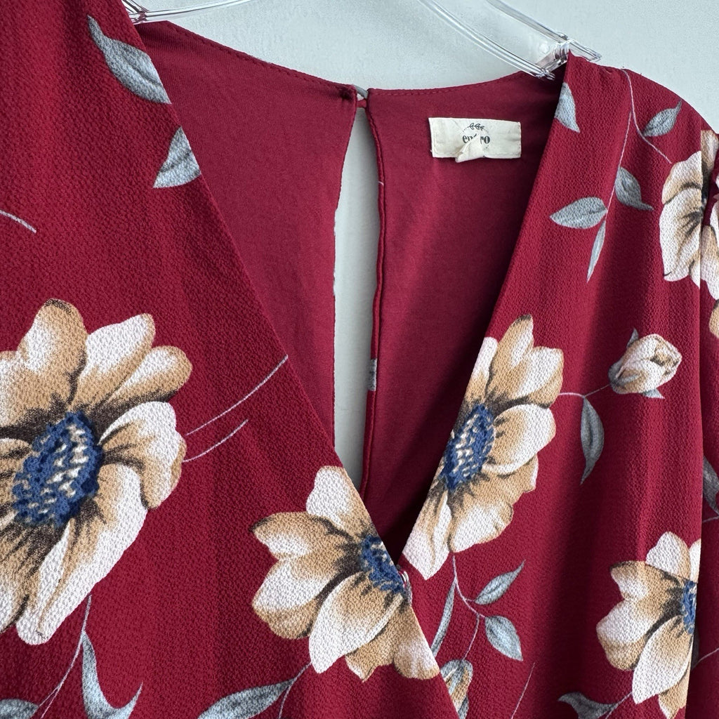 Entro Burgundy Floral Faux Wrap Dress Medium Long Sleeve Ruffle Hem