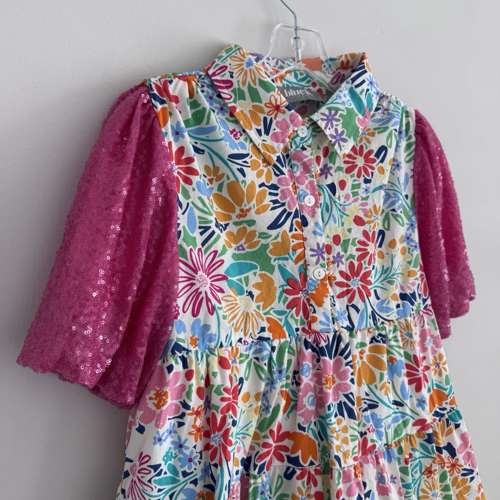 Blue B Collection Small Floral Tiered Dress Pink Sequin Sleeves 