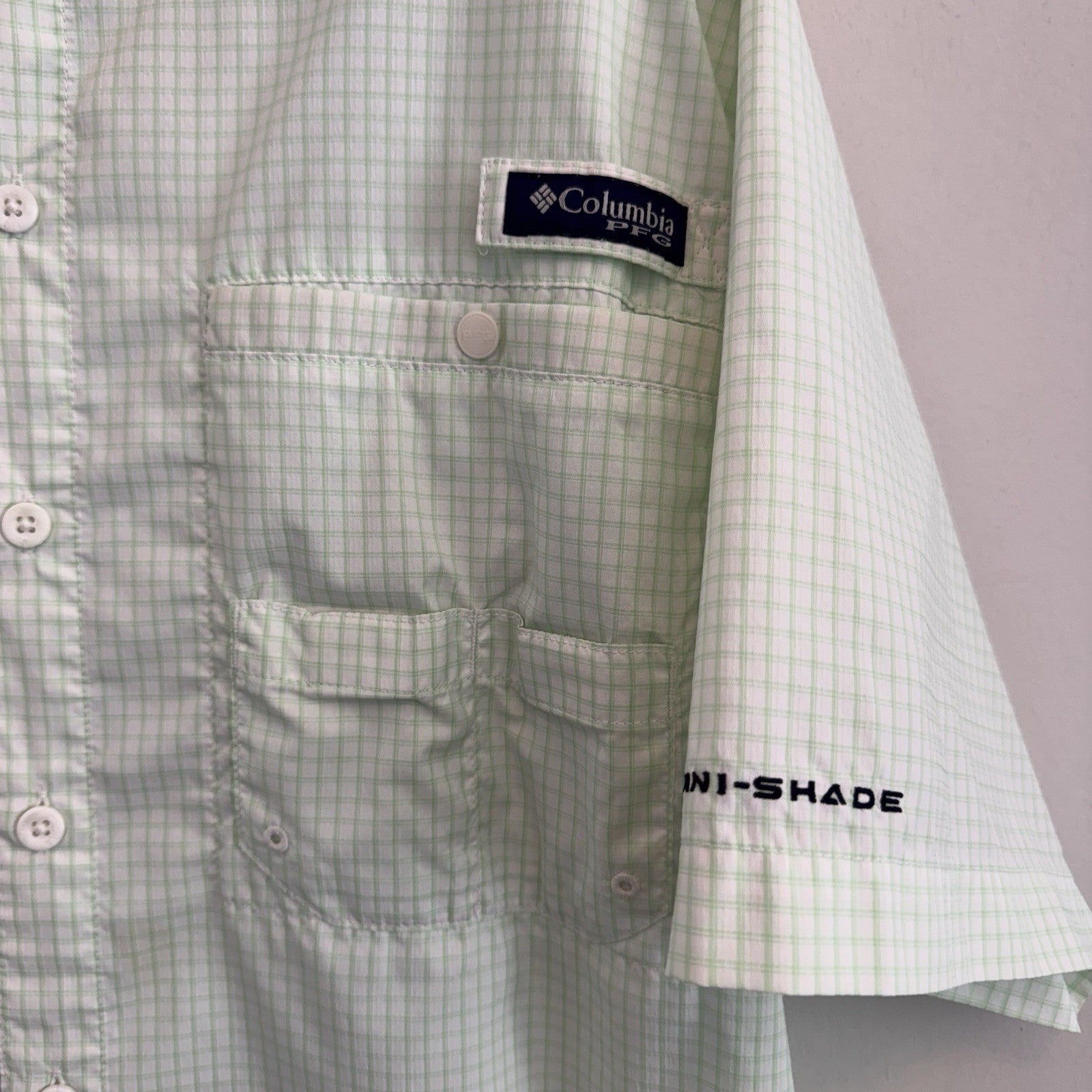 Columbia PFG Super Tamiami Shirt Mens Small S Mint Green Plaid Fishing S/S