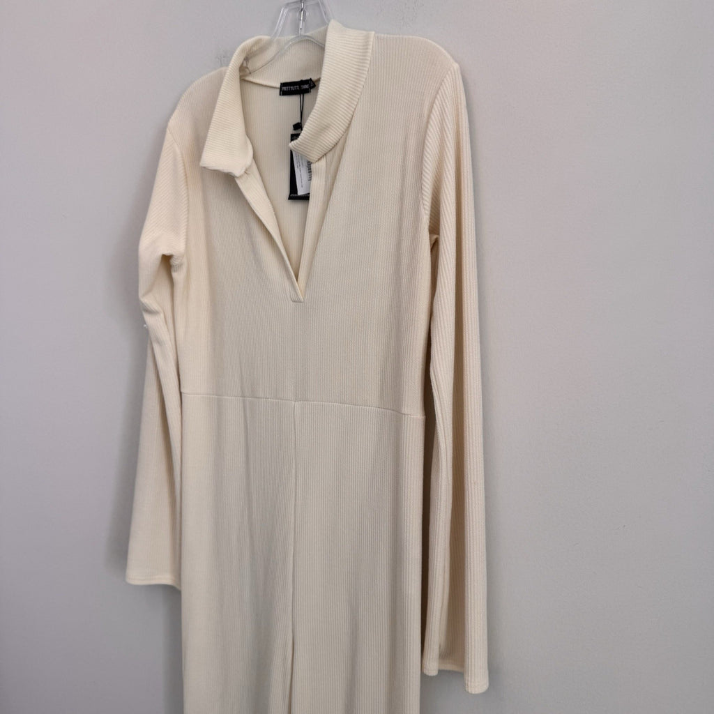 PrettyLittleThing Maternity Cream Rib Collar Flare Jumpsuit US 12 NWT