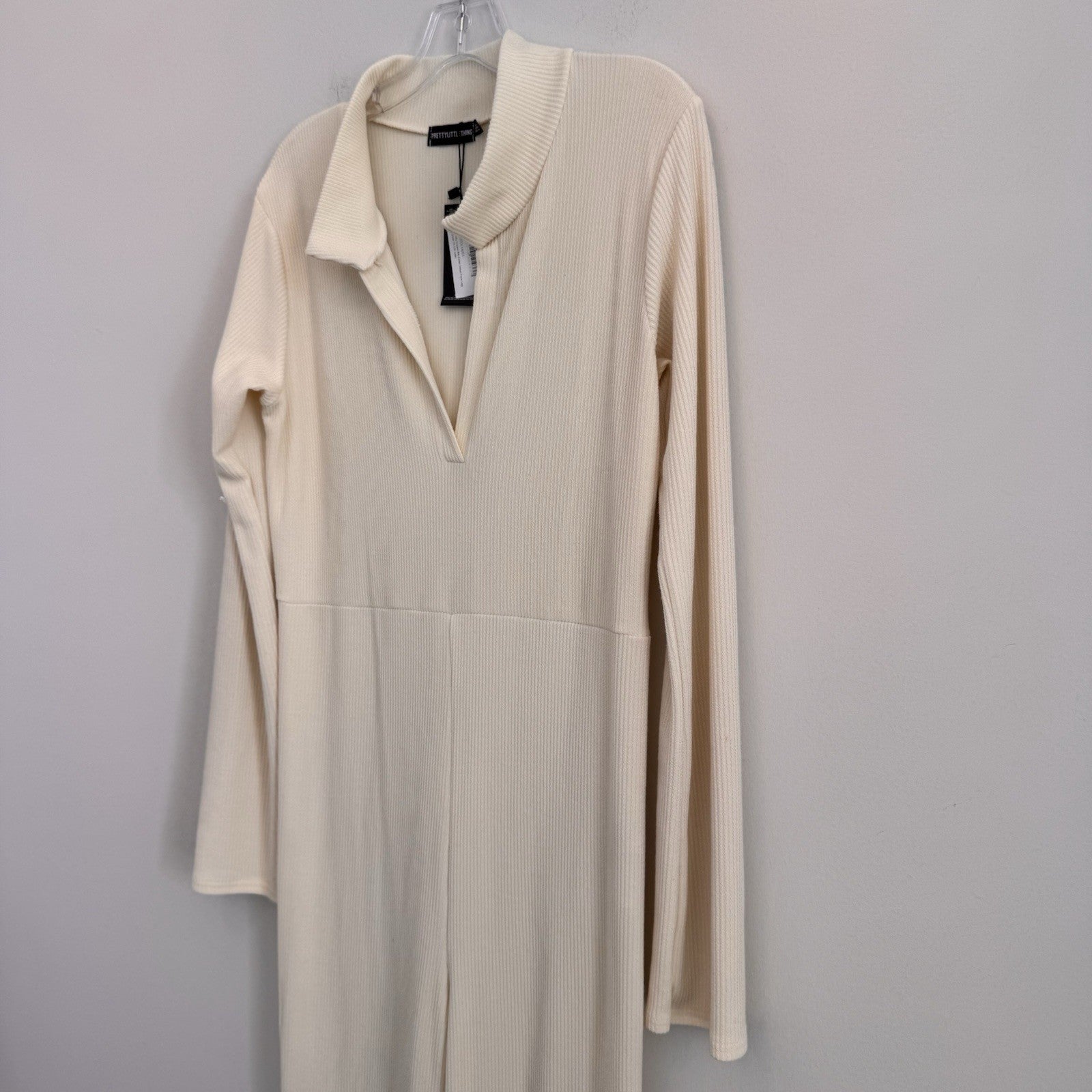 PrettyLittleThing Maternity Cream Rib Collar Flare Jumpsuit US 12 NWT