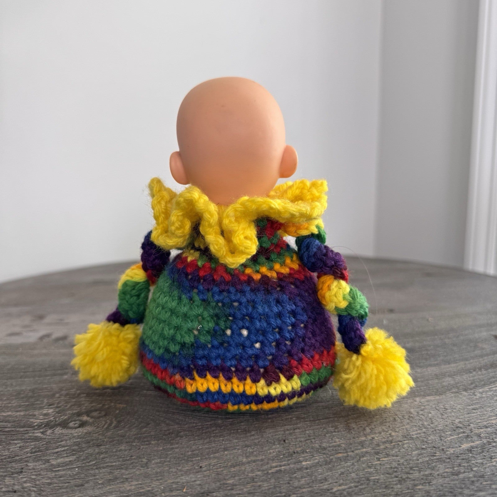 Vintage Sad Clown Crochet Pom Pom Doll Rainbow 6" Mid Century Handmade Folk Art