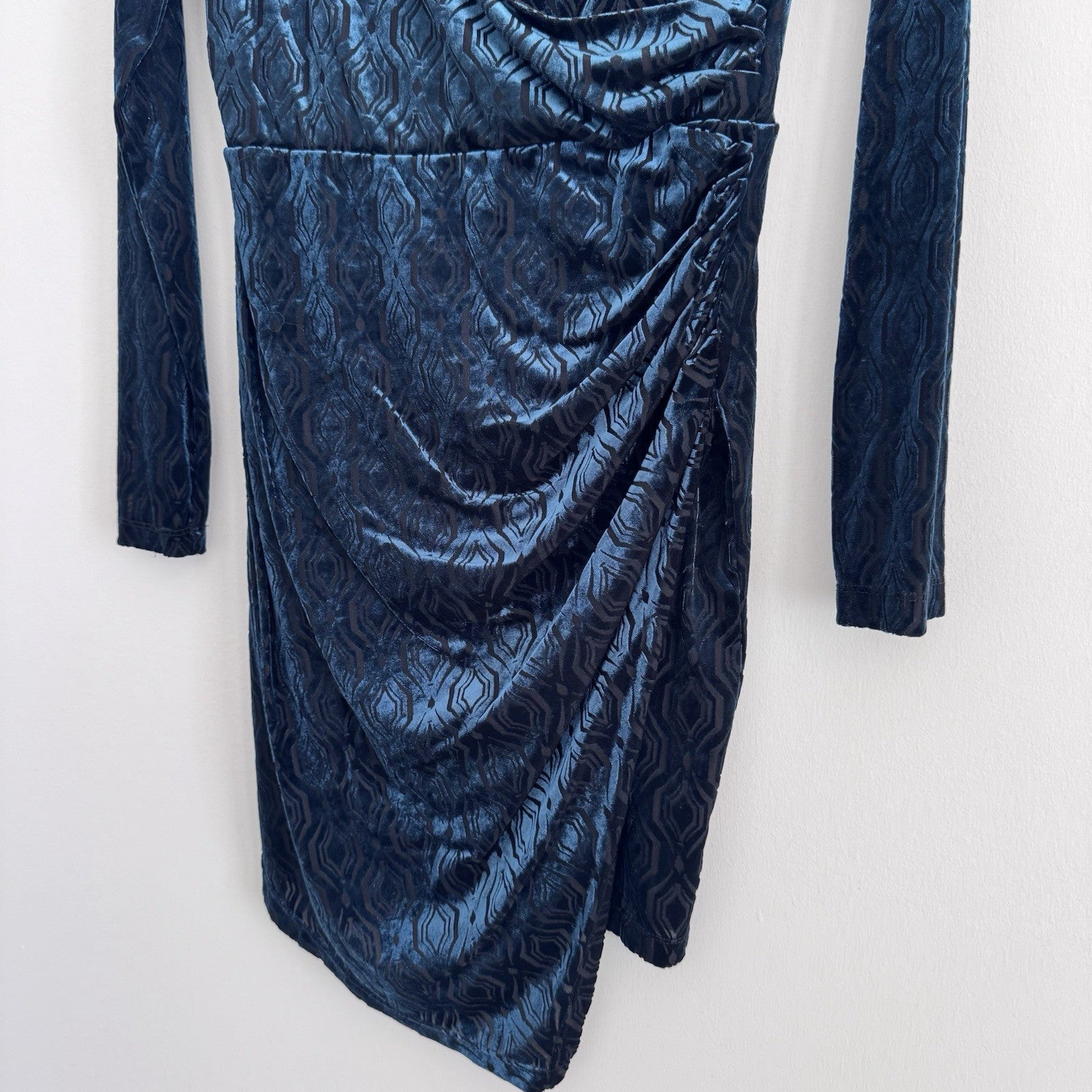 Altar’d State Velvet Wrap Dress S Teal Long Sleeve Ruched Bodycon