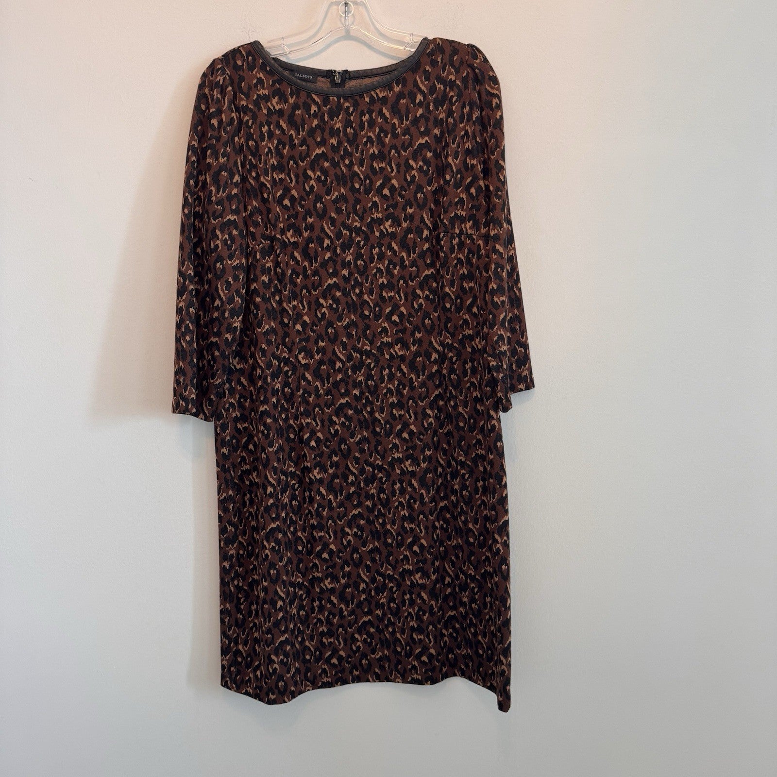 Talbots Leopard Print A-Line Dress Size 14 Faux Leather Trim 3/4 Sleeve