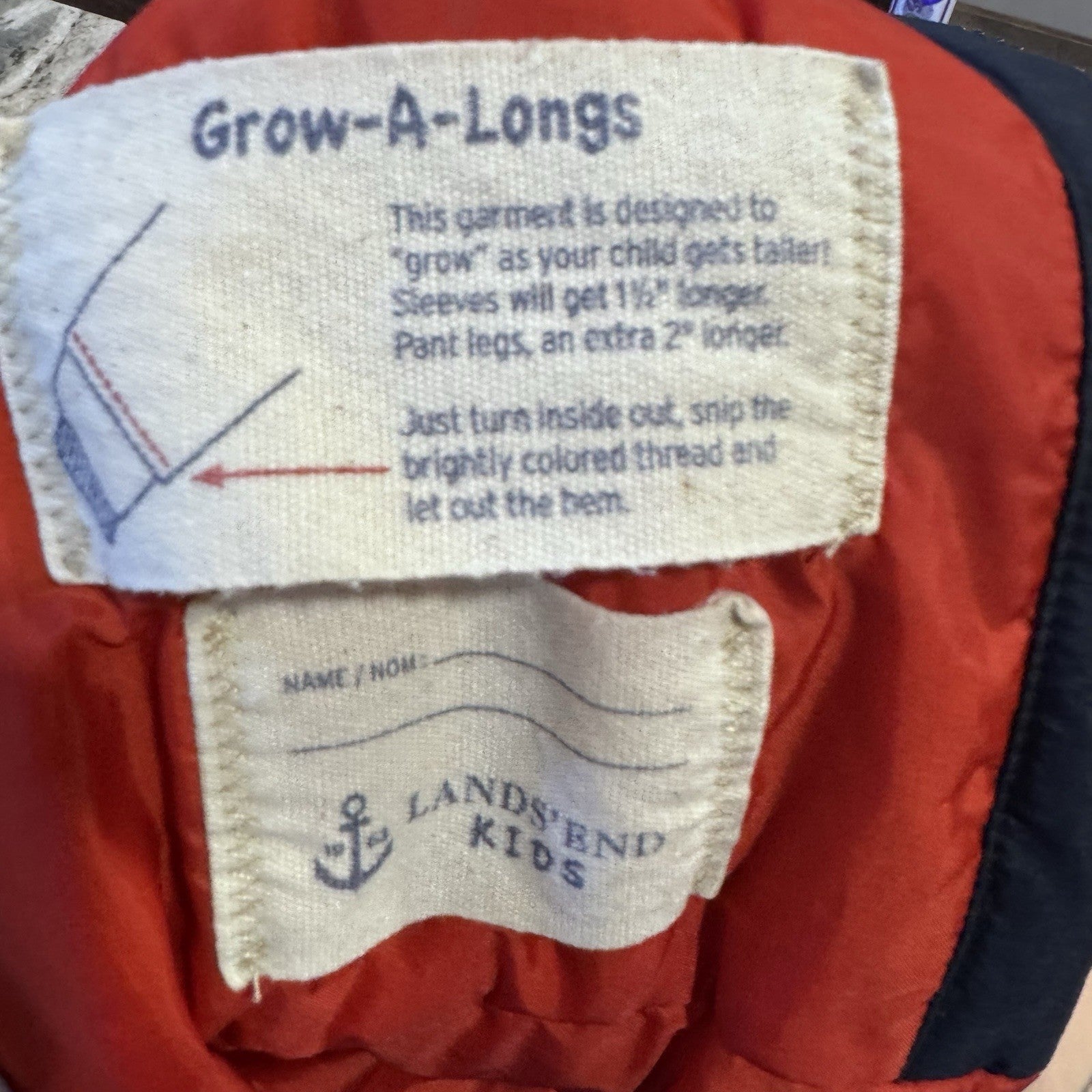 Lands’ End Kids Grow-A-Long Snowsuit 3T Navy Blue Red Hooded Winter One-Piece
