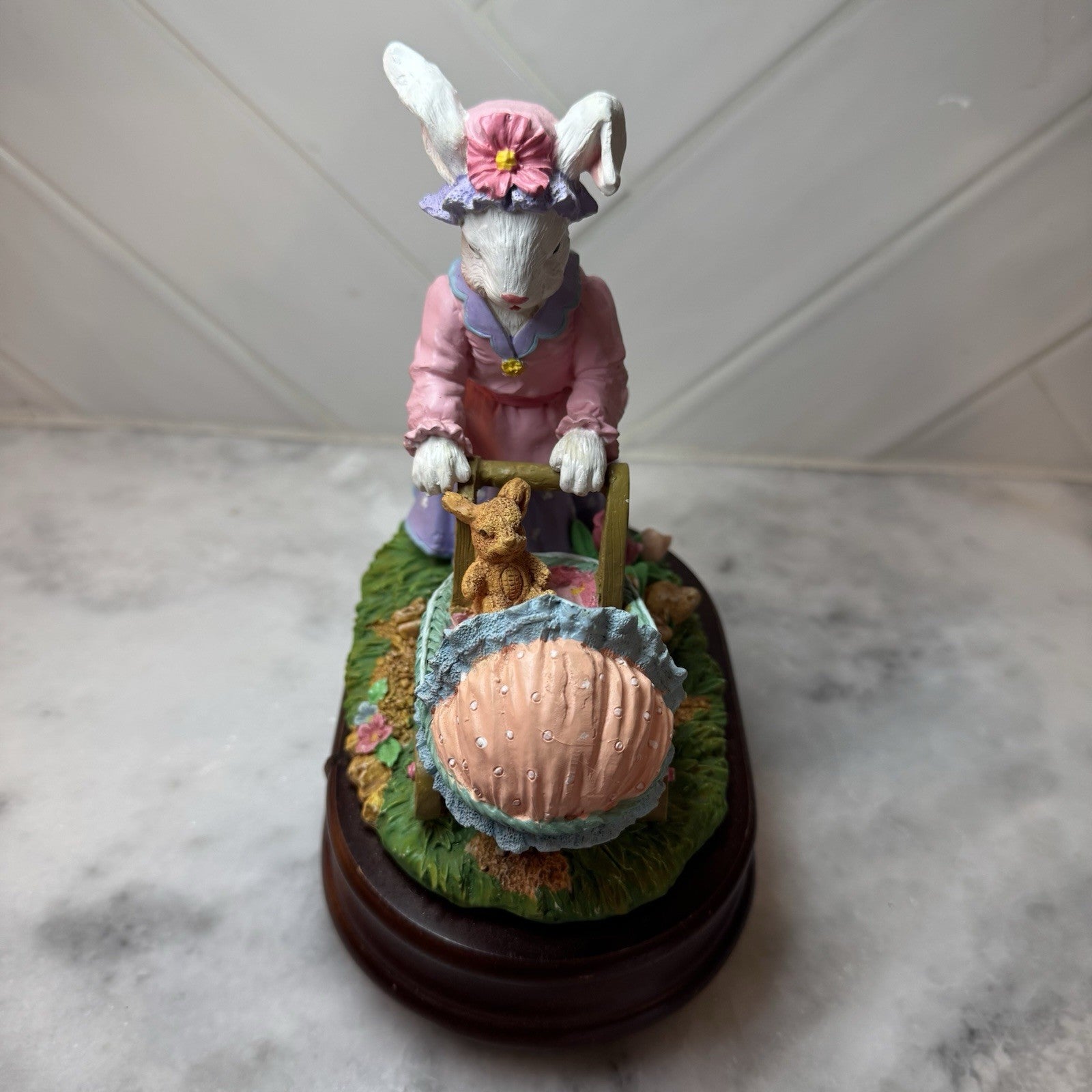Vintage Easter Bunny Figurine Baby Carriage Spring Decor Resin Collectible