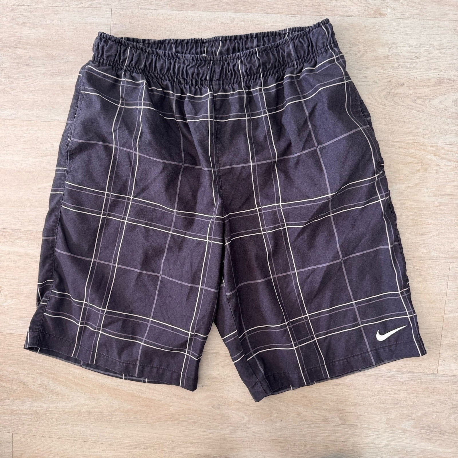 Nike Men’s Large Black White Plaid Check Lined Swim Trunks Board Shorts L