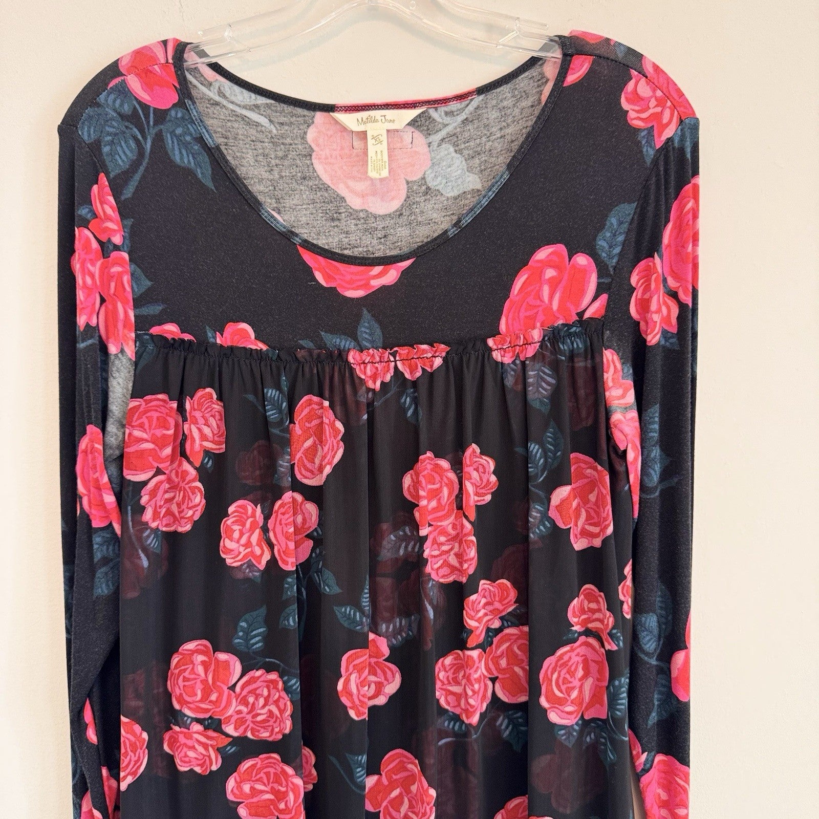 Matilda Jane XS Black Floral Babydoll Tunic Dress Mesh Roses Modal Jersey Soft