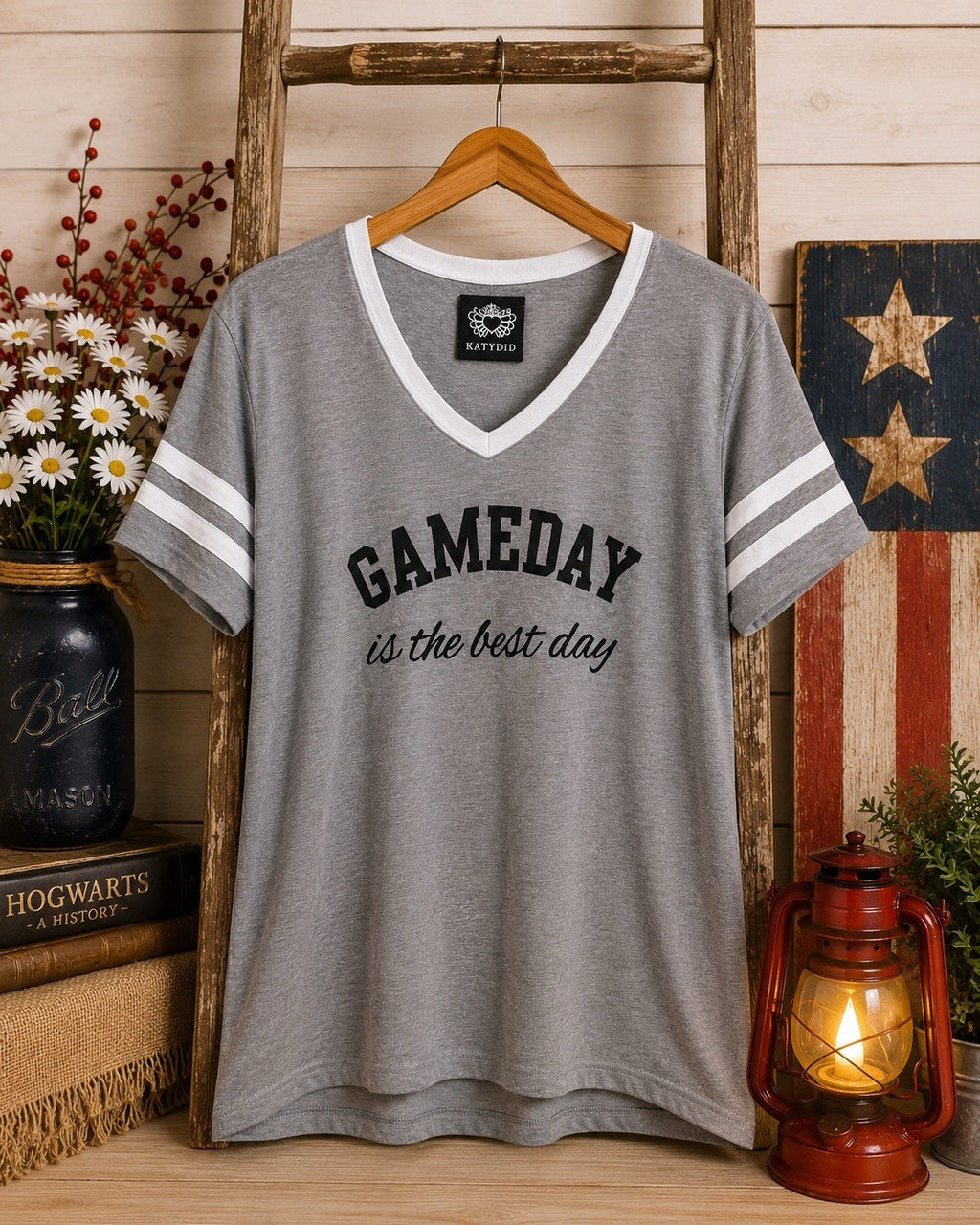 KatyDid Gameday Is The Best Day Gray V Neck Football Tee Women’s xL