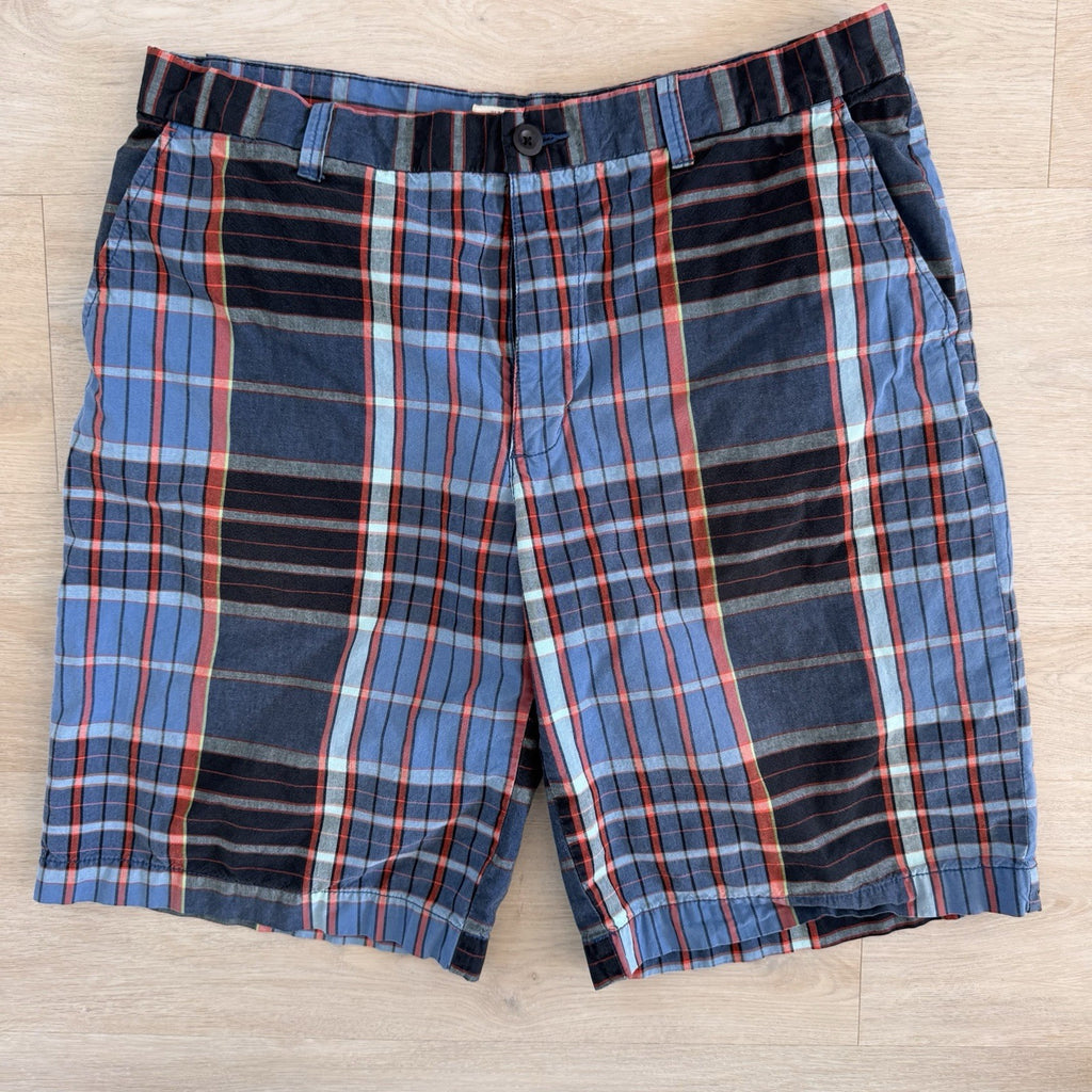 Old Navy Surplus Plaid Shorts Mens 36 Blue Red Cotton Flat Front