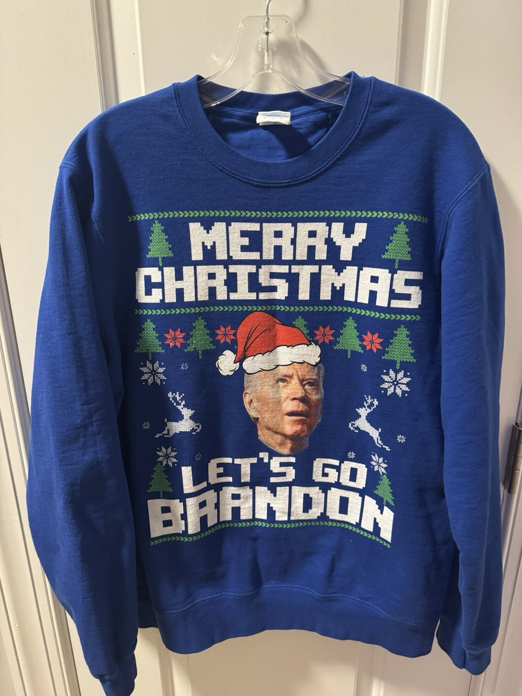 Joe Biden Confused Christmas Sweater Sz Med Adult Blue MAGA Let’s Go Brandon