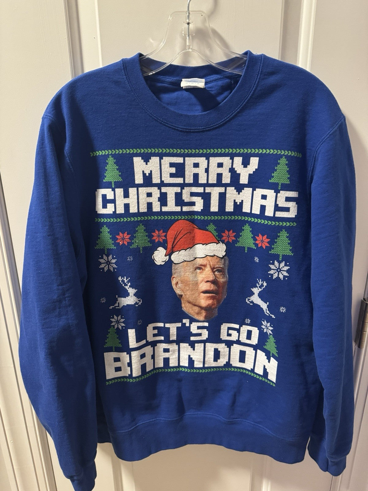 Joe Biden Confused Christmas Sweater Sz Med Adult Blue MAGA Let’s Go Brandon