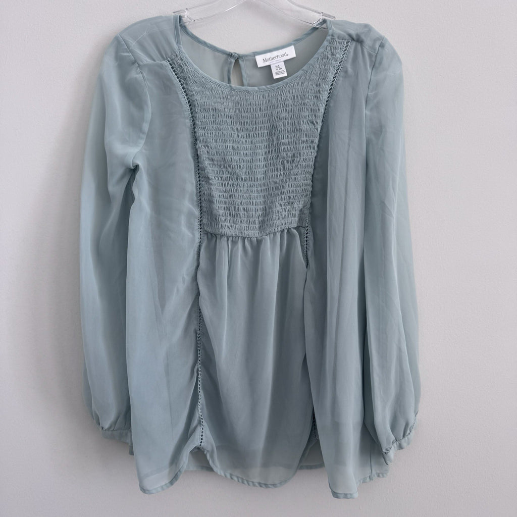 Women’s Motherhood Maternity Blouse Size S Smocked Chiffon Sage Long Sleeve