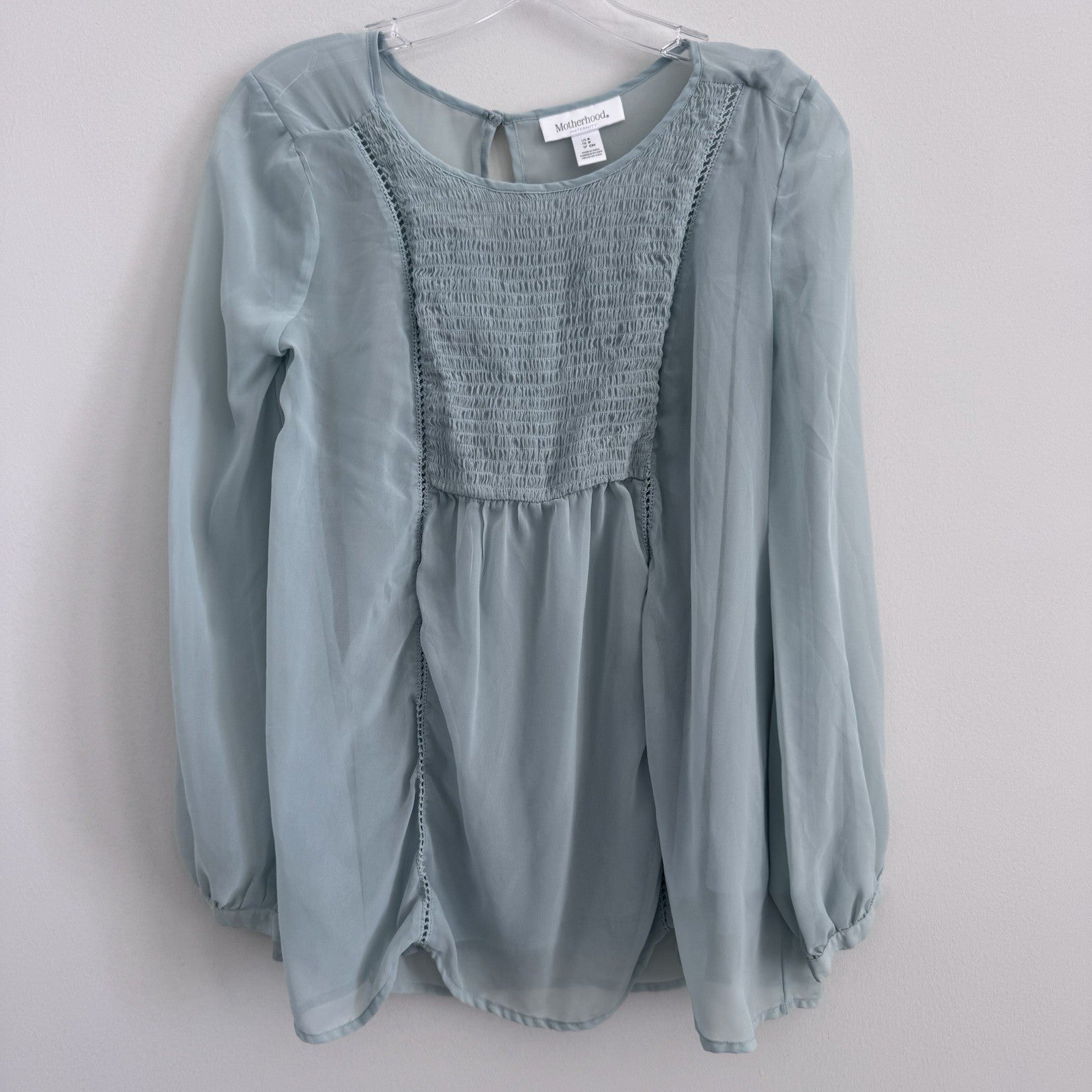 Women’s Motherhood Maternity Blouse Size S Smocked Chiffon Sage Long Sleeve