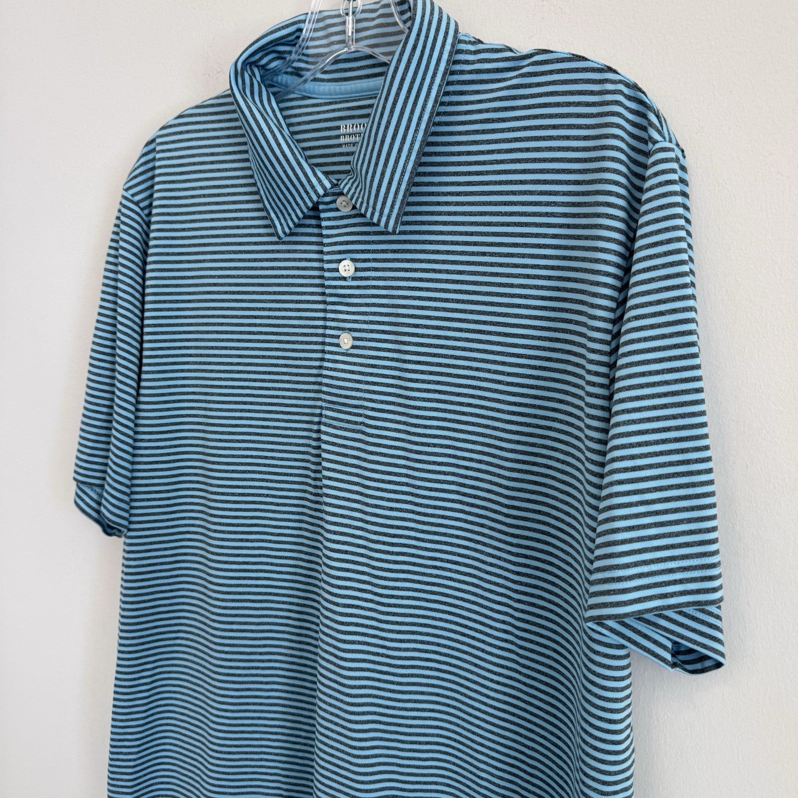 Brooks Brothers Mens Large Polo Shirt Blue Striped Performance Golf Sleeve Logo