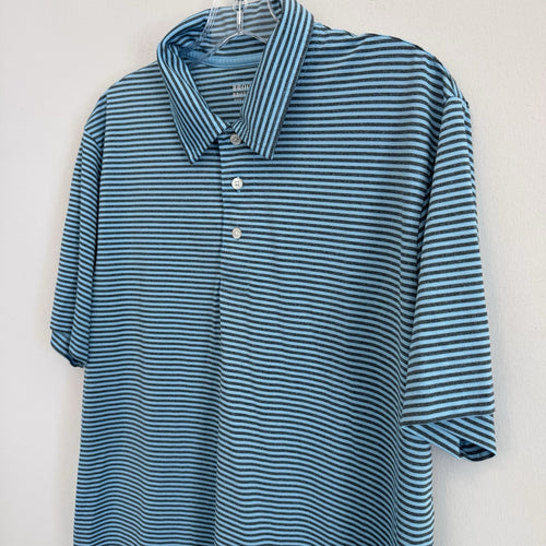 Brooks Brothers Mens Large Polo Shirt Blue Striped Performance Golf Sleeve Logo