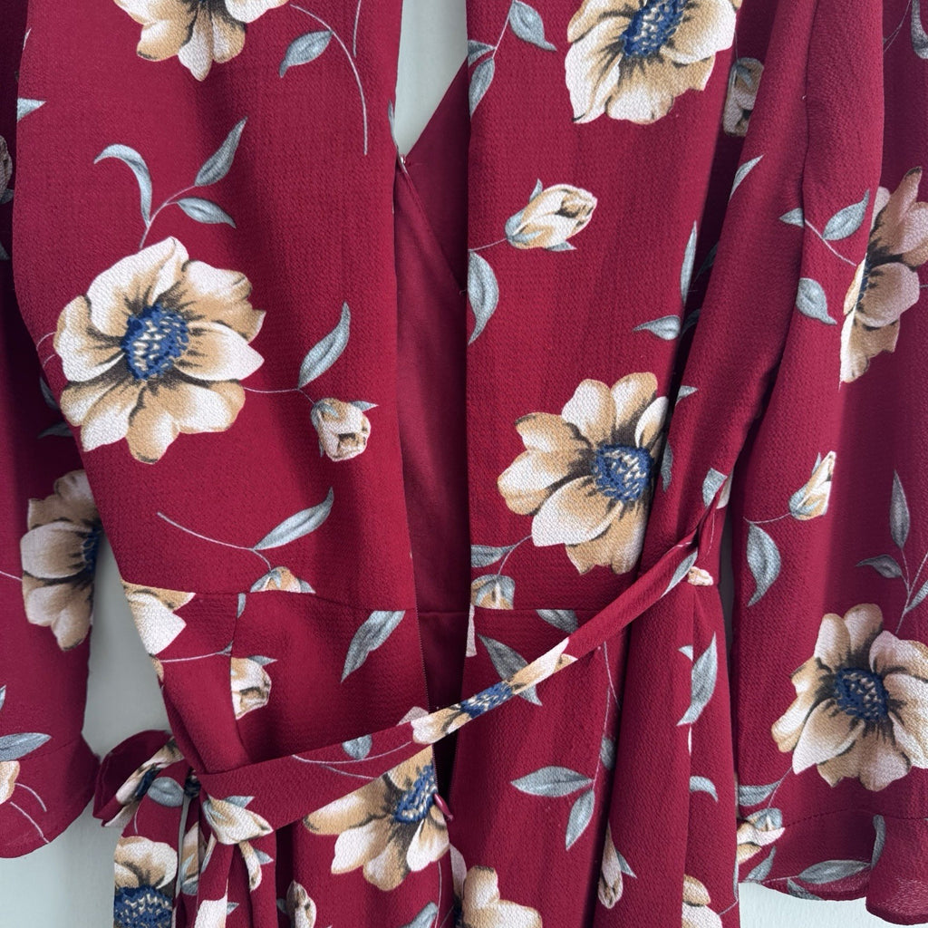 Entro Burgundy Floral Faux Wrap Dress Medium Long Sleeve Ruffle Hem