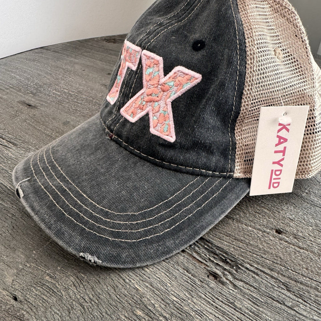 Katydid TX Floral Embroidered Hat Distressed Trucker Cap Black Pink Adjustable