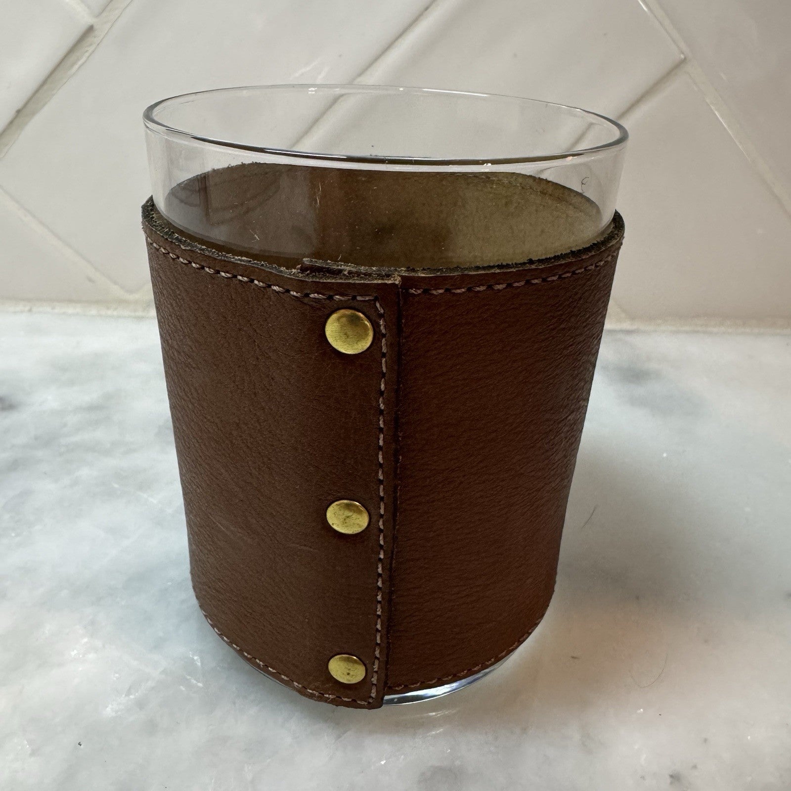 Clayton & Crume Leather Wrapped Glass Tumbler Monogram ELR Whiskey Rocks Bourbon