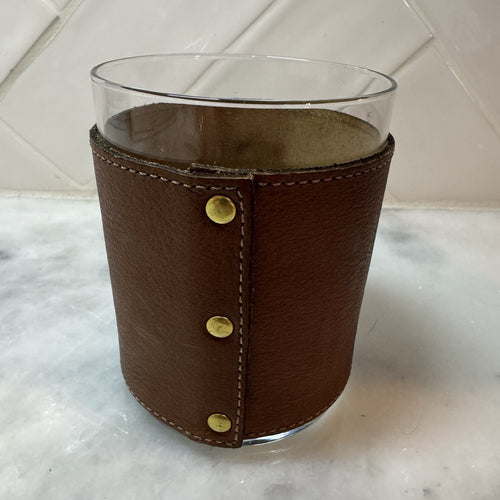 Clayton & Crume Leather Wrapped Glass Tumbler Monogram ELR Whiskey Rocks Bourbon