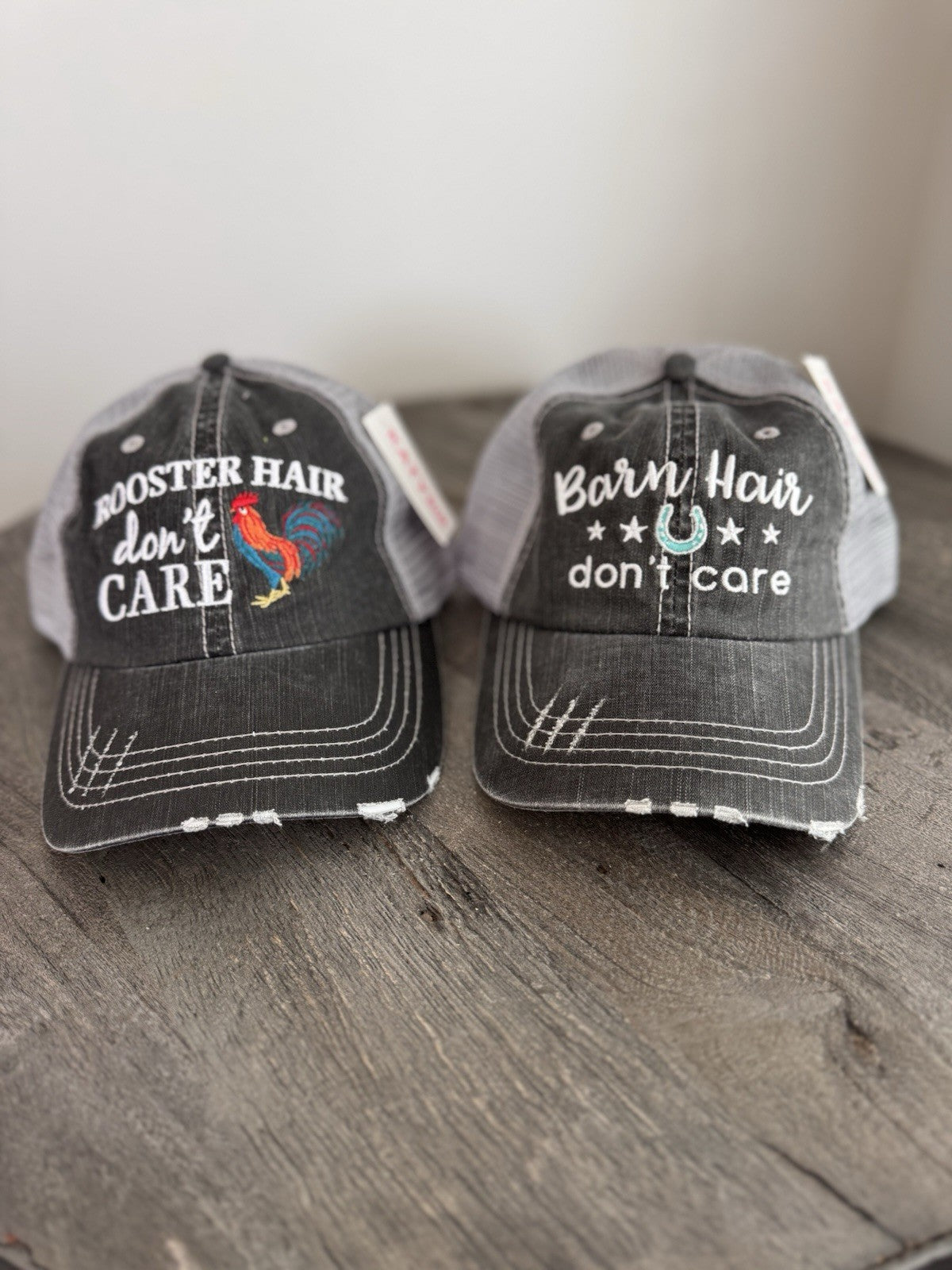 KatyDid Hat Lot 2 Barn Hair Rooster Hair Trucker Distressed Mesh Caps NWT Farm