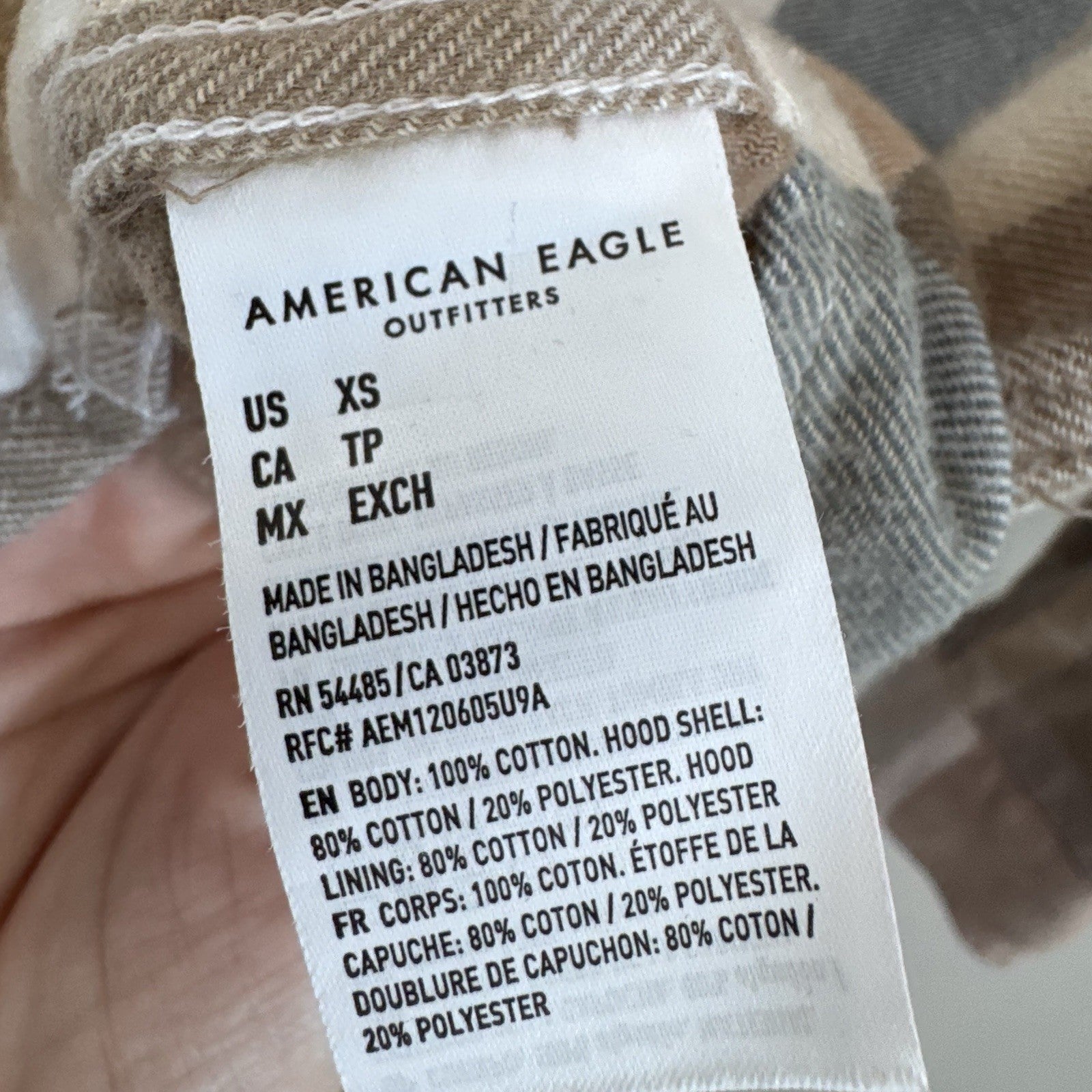 American Eagle Hooded Flannel Shirt XS Plaid Button Front Removable Hood