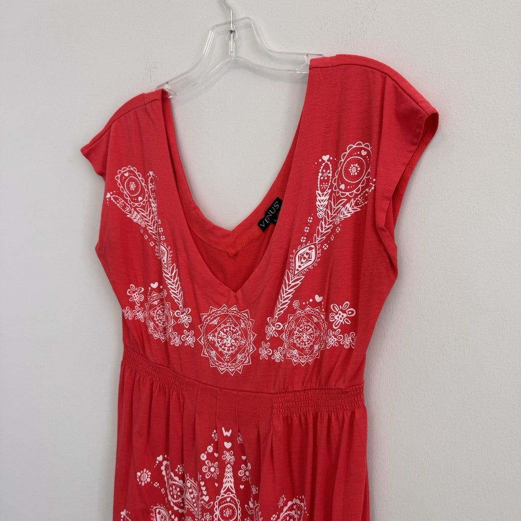 Venus Women's Large Coral Medallion Graphic V-Neck Empire Waist Mini Dress Boho