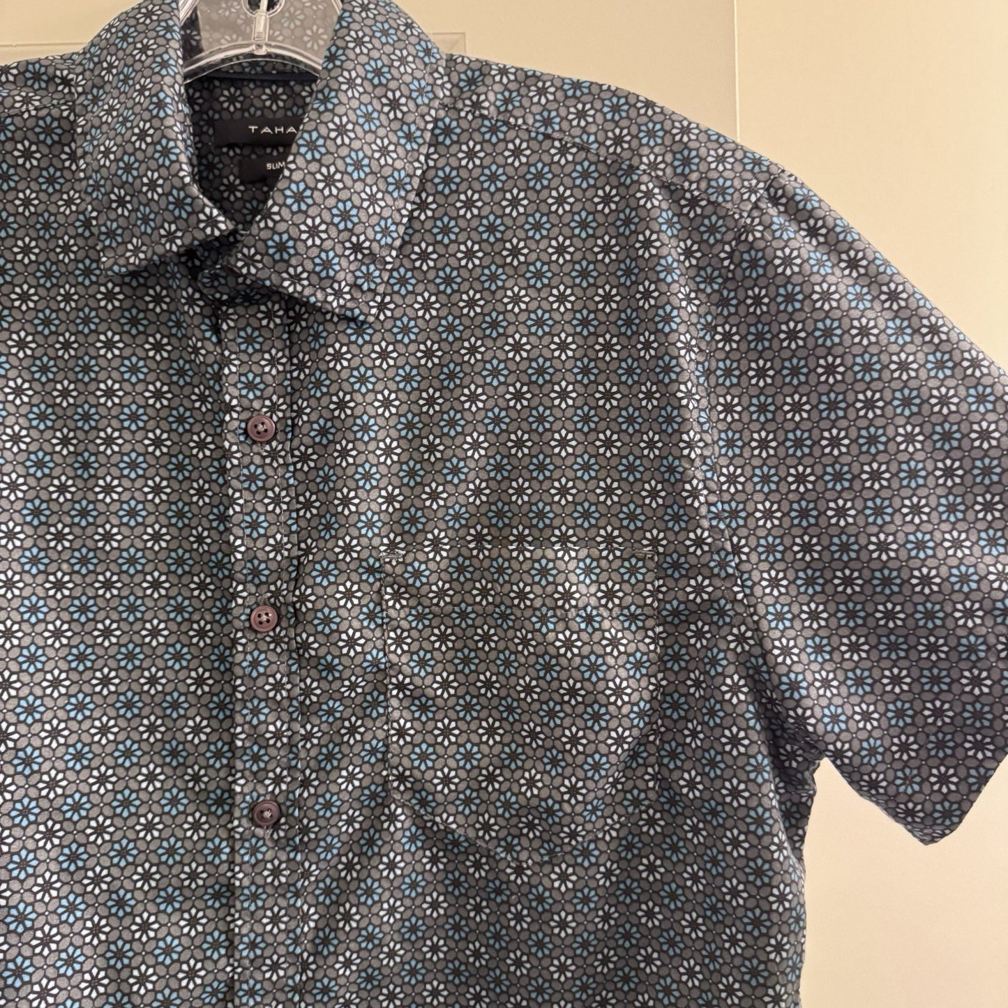 Tahari Men’s Slim Fit Button-Up Shirt M Geometric Blue Black Print India