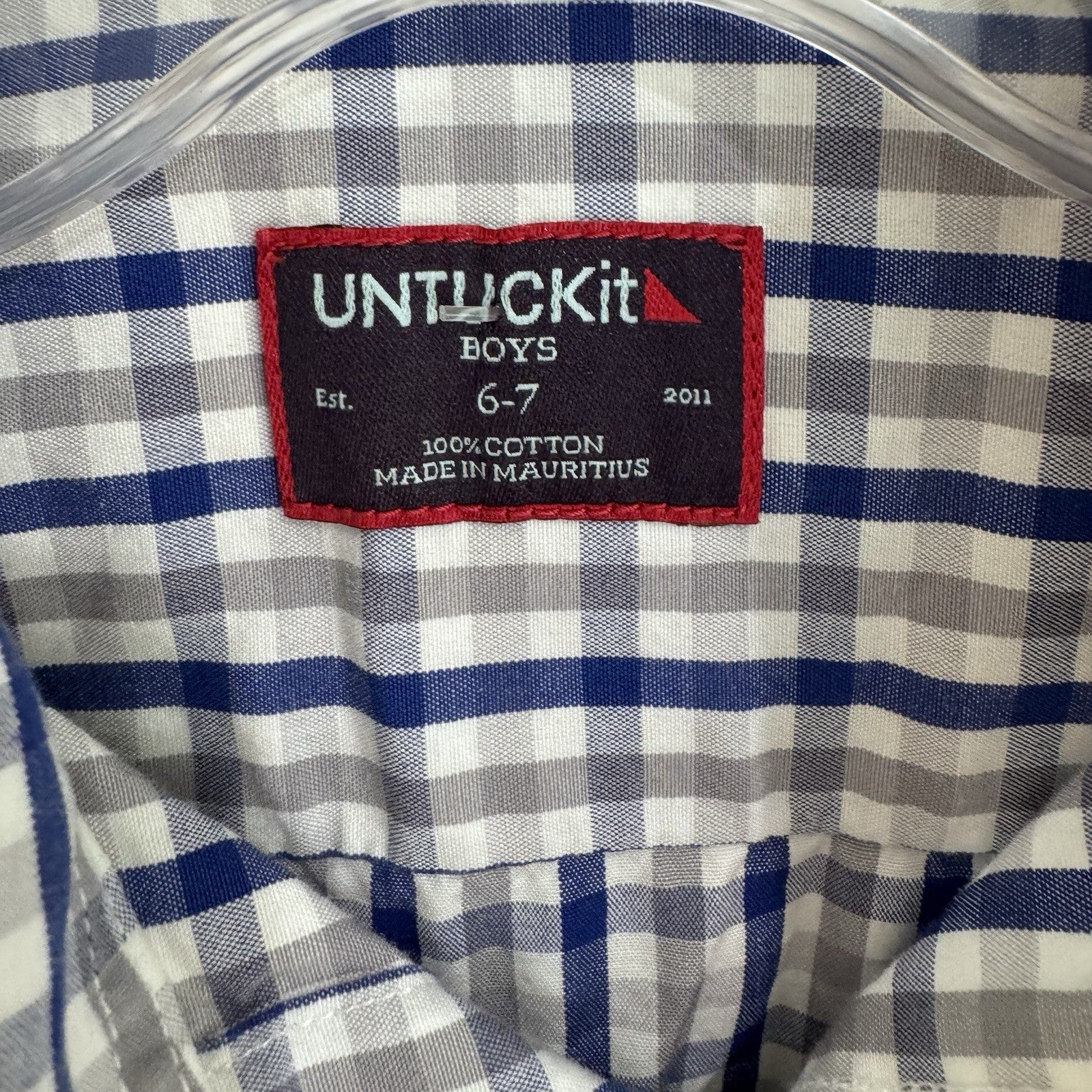 Untuckit Boys Button-Down Shirt Blue Gray Gingham Plaid Cotton Size 6–7