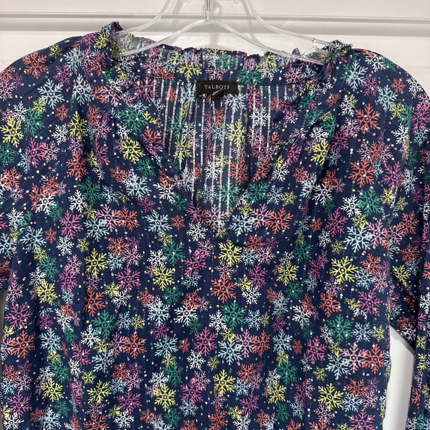 Talbots Snowflake Print Blouse XS Metallic Long Sleeve Navy Holiday Top Women