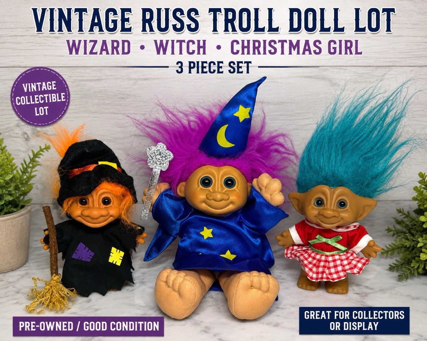 Russ Troll Doll Lot 3 Vintage Wizard Witch Christmas Girl Blue Hair Trolls