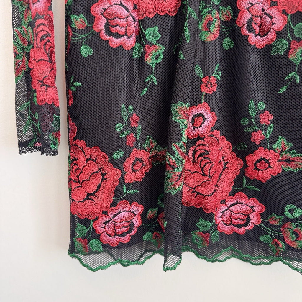 Nasty Gal Collection Women's S Black Mesh Red Rose Floral Embroidered Mini Dress