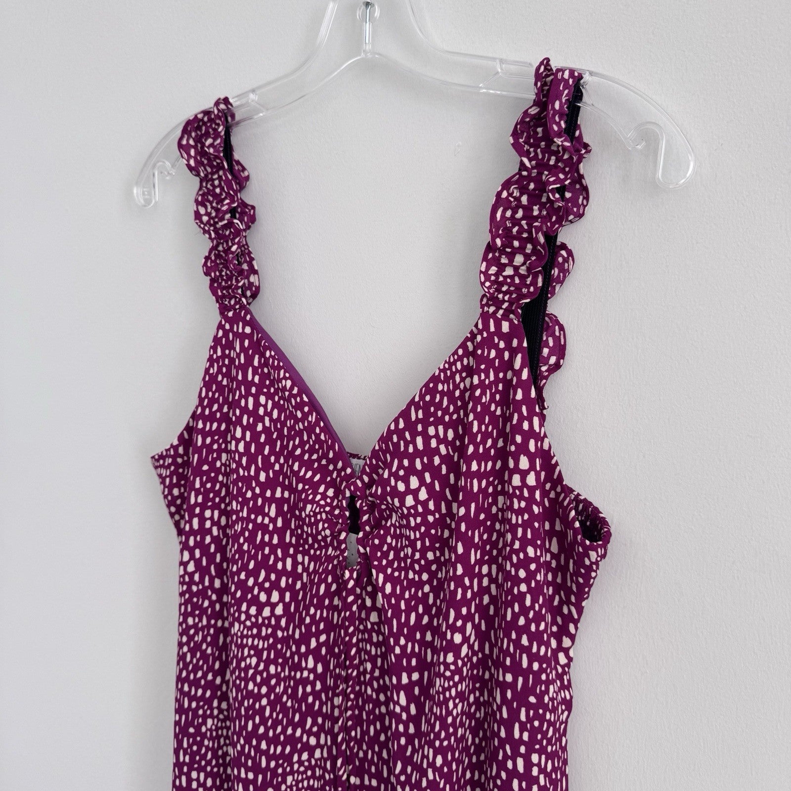 Sienna Sky Dress L Magenta White Print Ruffle Strap Midi Lined NWT