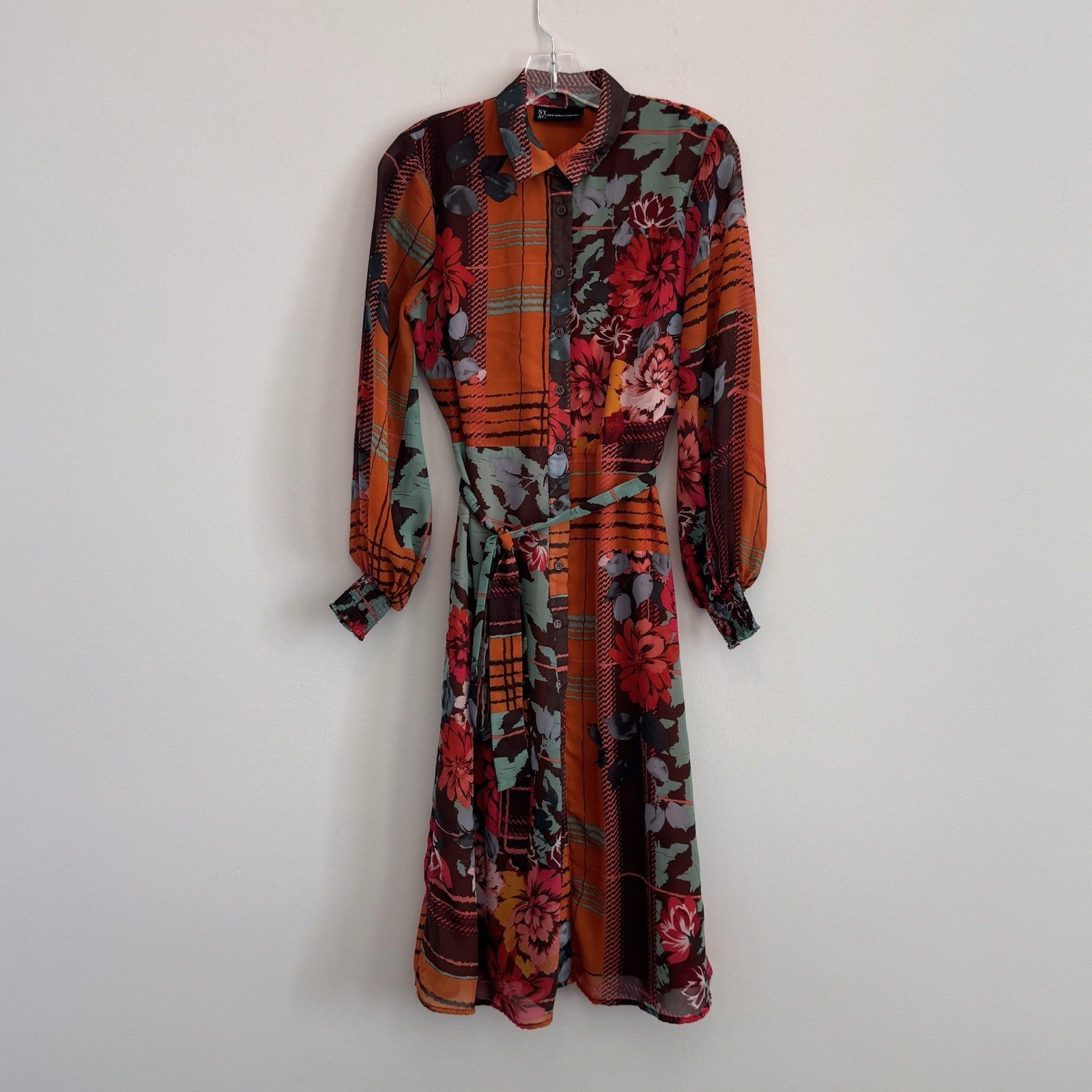 New York & Co XS Long Sleeve Midi Shirtdress Mixed Pattern Floral Plaid Belted