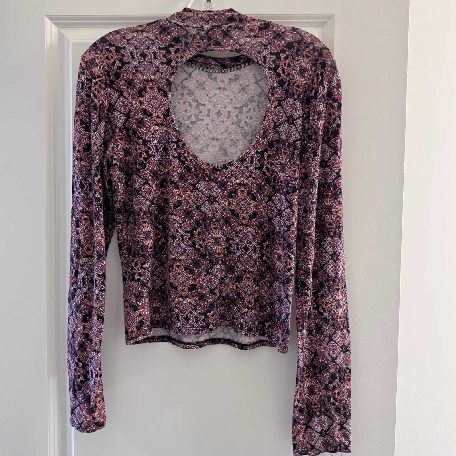 Vintage Y2K Wet Seal Boho Geometric Print Long Sleeve Size X-Large Open Back