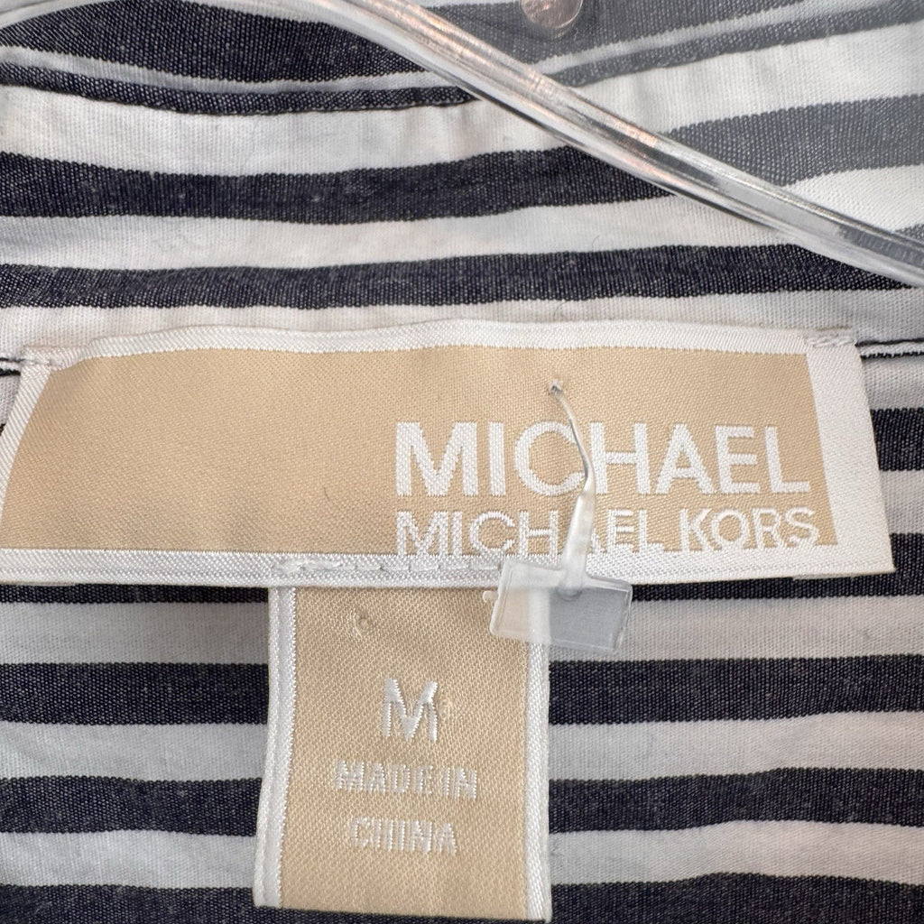 MICHAEL Michael Kors Women's Medium Navy White Striped Shirt Dress Pockets Gold