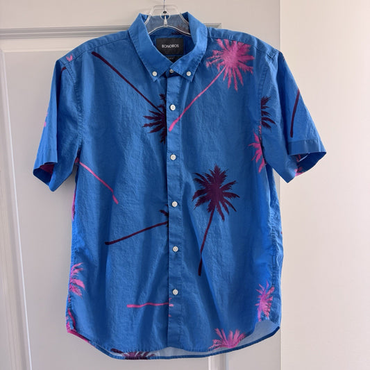 Bonobos Slim Fit Short Sleeve Shirt M Blue Pink Palm Tree Print 100% Cotton